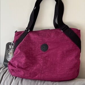 Kipling Magenta Tote Bag with Black Straps